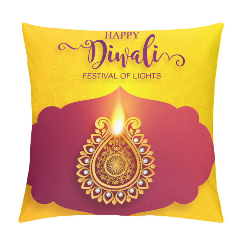 Personality  Happy Diwali Festival Card With Gold Diya Patterned And Crystals On Paper Color Background. Pillow Covers