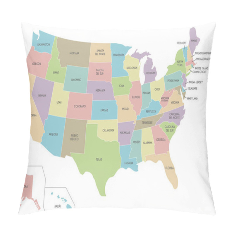 Personality  USA Map Vector Illustration Isolated On White Background With Country Names In Spanish. Editable And Clearly Labeled Layers. Pillow Covers