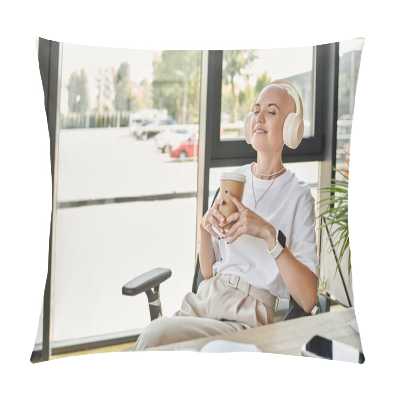 Personality  A Young Bald Woman Enjoys A Drink, Savoring Tranquility In A Chic Environment. Pillow Covers