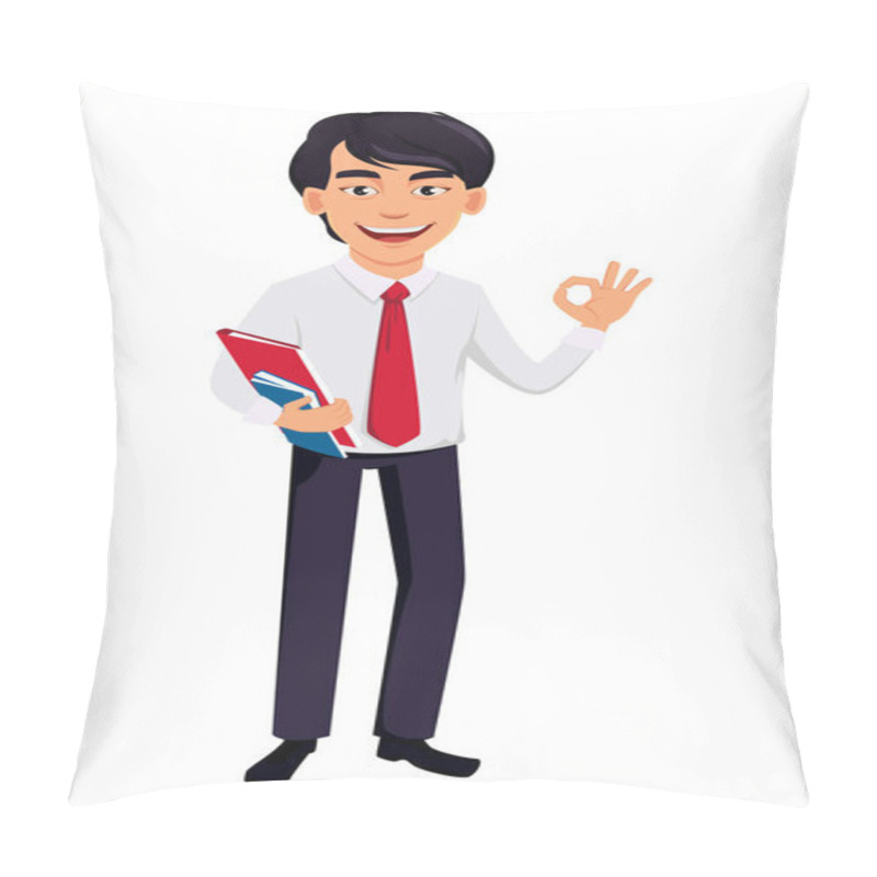 Personality  Asian Business Man, Concept Of Cartoon Character In Office Style Clothes. Handsome Businessman Holds Documents And Shows Ok Sign. Vector Illustration On White Background. Pillow Covers