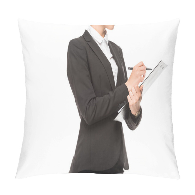 Personality  Cropped Shot Of Young Businesswoman Writing In Clipboard Isolated On White Pillow Covers