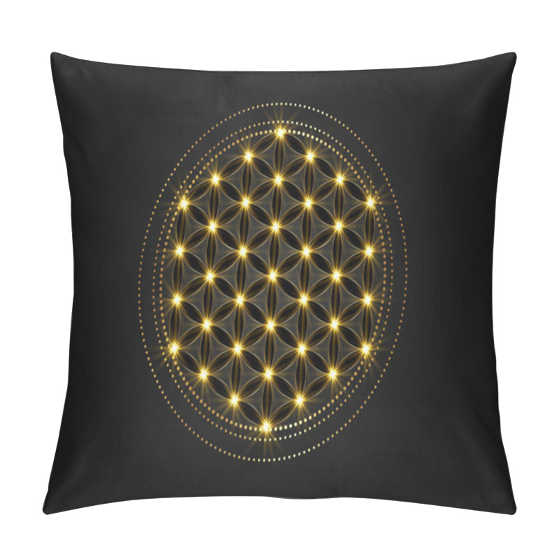 Personality  Flower Of Life, Yantra Mandala, Sacred Geometry, Glow Metatrons Cube. Bright Golden Symbol Of Harmony And Balance. Mystical Gold Shiny Talisman In Dark Color, Vector Isolated On Black Background  Pillow Covers