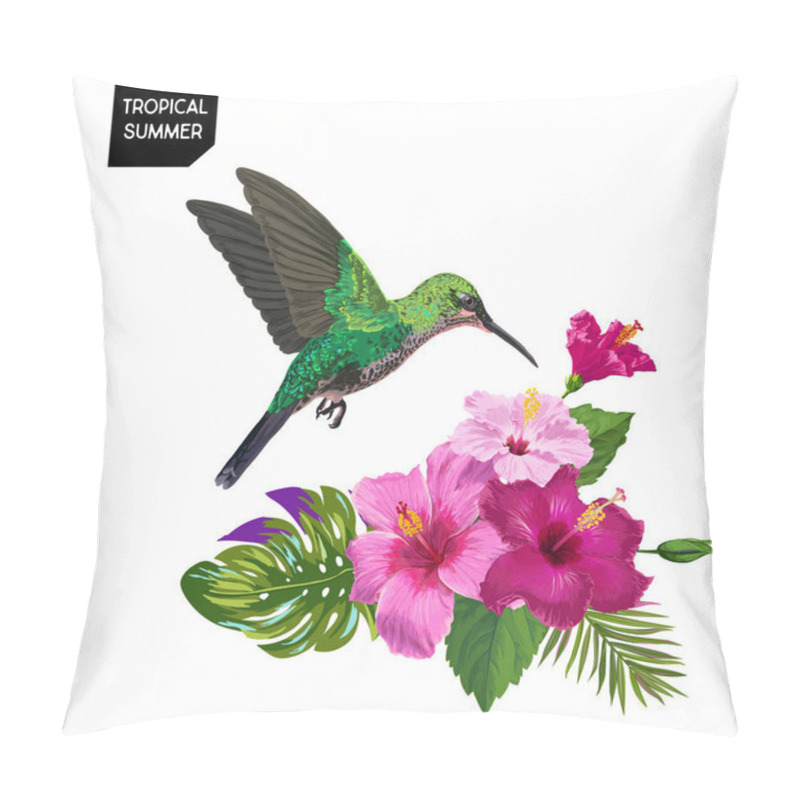 Personality  Summer Tropical Design With Hummingbird And Exotic Flowers. Floral Background With Tropic Bird, Hibiskus And Palm Leaves. Vector Illustration Pillow Covers