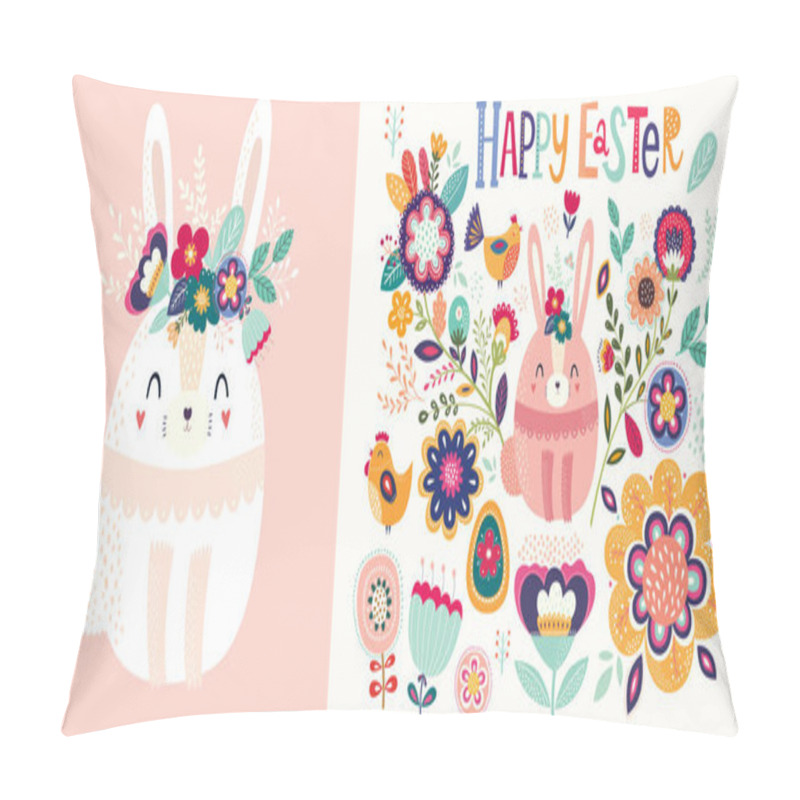 Personality  Vector Illustration With Cute Bunny And Flowers. Easter Illustration Pillow Covers