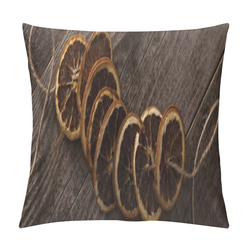 Personality  Top View Of Dried Orange Slices On Rope On Wooden Surface, Panoramic Shot Pillow Covers