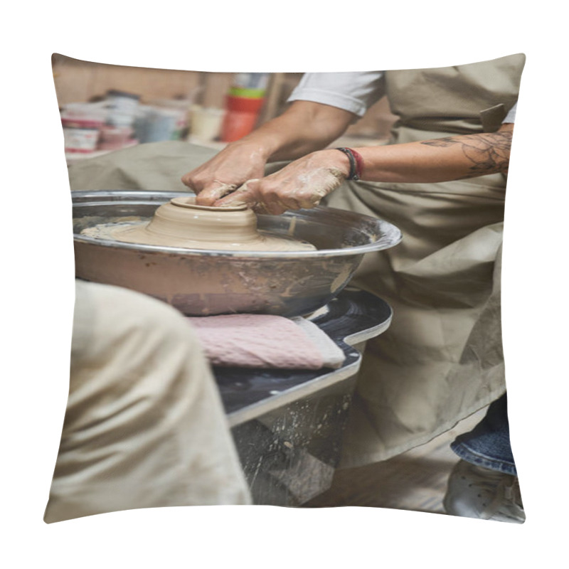 Personality  An Artisan Crafts A Clay Vessel On A Pottery Wheel In A Cozy Studio. Pillow Covers