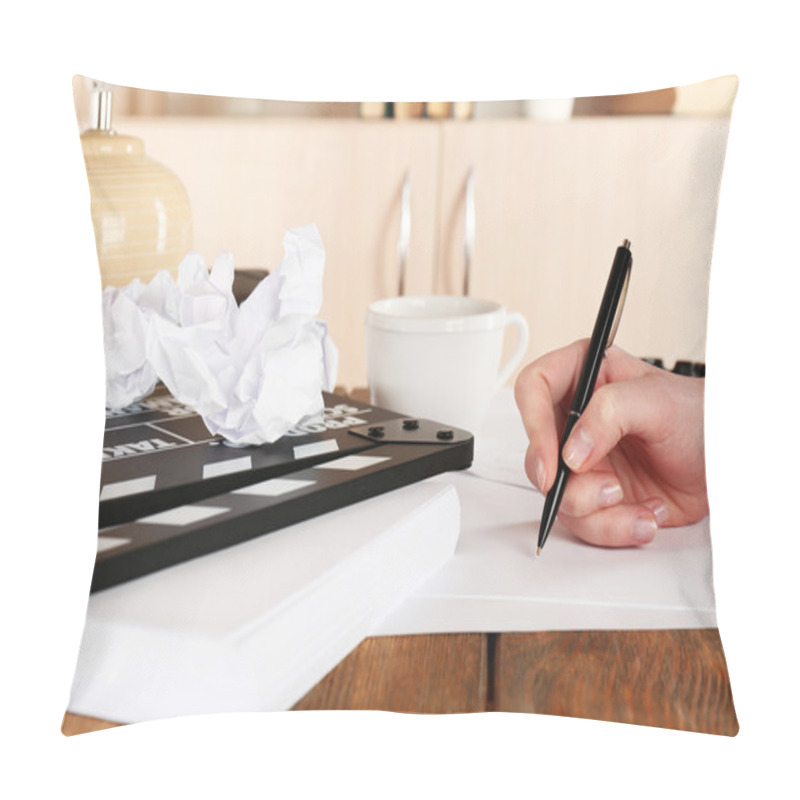 Personality  Female Hand With Pen At Desktop With Moving Clapper And Working Mess On Light Cupboard Background Pillow Covers