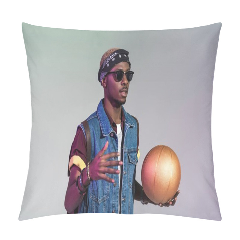 Personality  Stylish Young African American Man Holding Golden Basketball Ball Isolated On Grey Pillow Covers