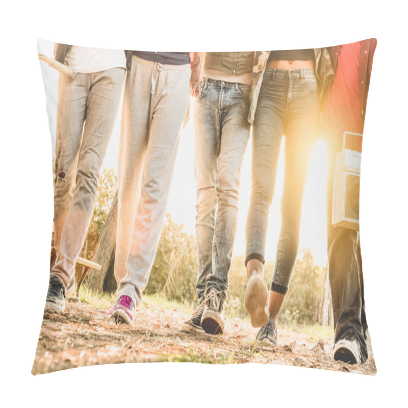 Personality  Legs View Of Friends Walking In City Bike Park With Backlight And Sunflare Halo - Friendship Concept With Multiracial Young People Having Fun Together - Soft Blurred Motion With Shallow Depth Of Field Pillow Covers