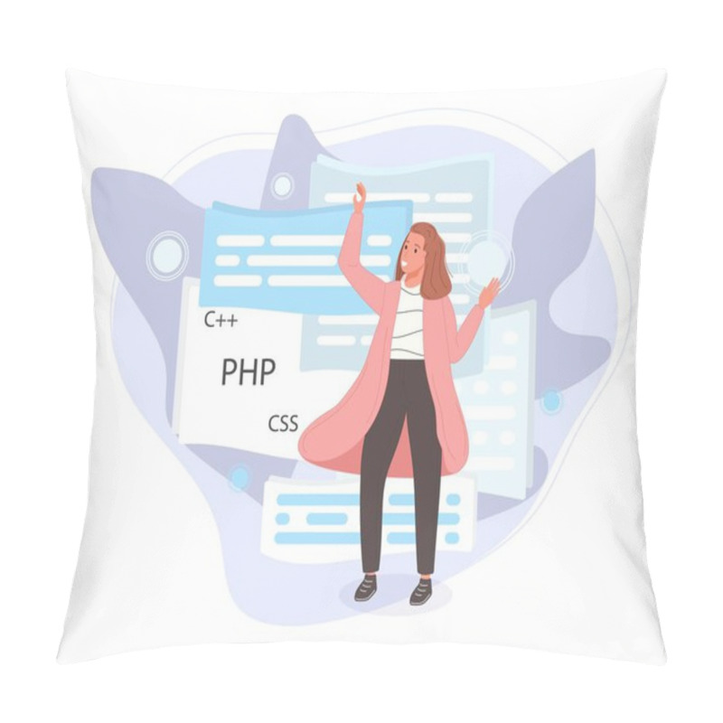 Personality  Software Developers Working Of Script Coding. Engineer Character Programming In Php, Python, Javascript, Other Languages. Vector Illustration Pillow Covers