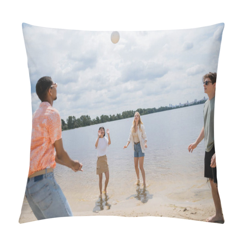 Personality  Joyful Multiethnic Friends Playing Beach Volleyball Near River On Summer Day Pillow Covers