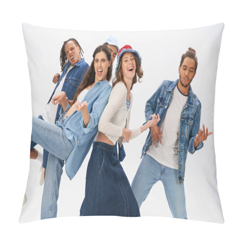 Personality  Cheerful Multiethnic Friends In Stylish Casual Wear Having Fun And Dancing On Grey Backdrop Pillow Covers