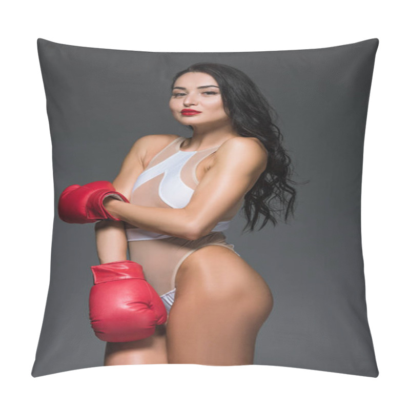 Personality  Portrait Of Sexy Sportive Woman In White Leotard And Boxing Gloves Isolated On Grey Pillow Covers