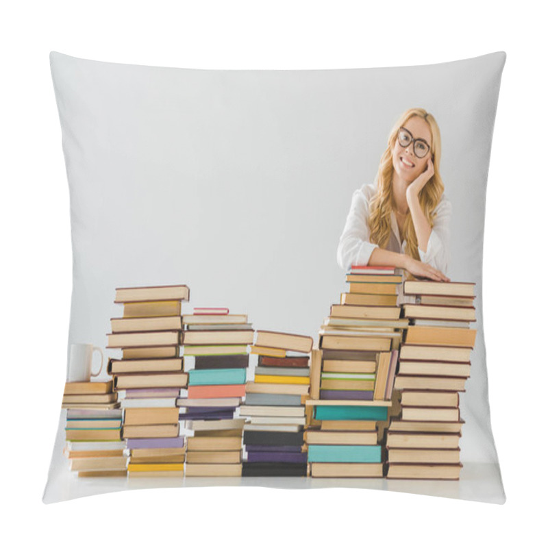 Personality  Beautiful Woman In Glasses Dreaming Near Pile Of Books Pillow Covers