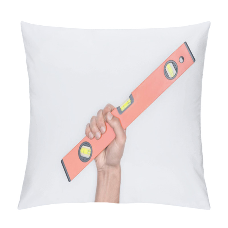 Personality  Cropped Shot Of Man Holding Bubble Level Tool Isolated On White Pillow Covers