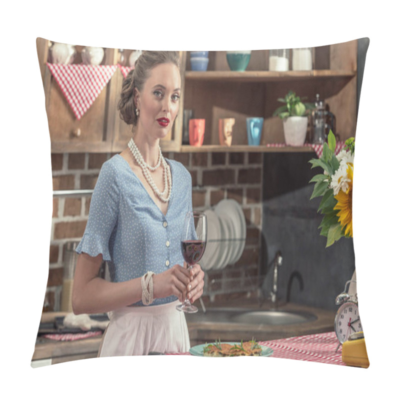 Personality  Beautiful Adult Housewife With Glass Of Red Wine At Kitchen Pillow Covers