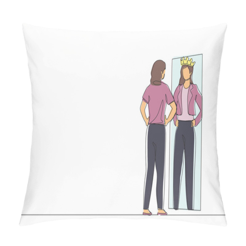 Personality  Continuous One Line Drawing Narcissistic Businesswoman Looking At Mirror And Seeing In Reflection Of Herself With Crown On Her Head. Self Confidence, Motivation. Single Line Draw Design Vector Graphic Pillow Covers