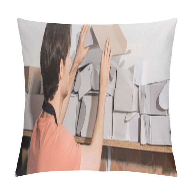 Personality  Young Worker Reaching Folded Carton Boxes In Print Center, Banner  Pillow Covers