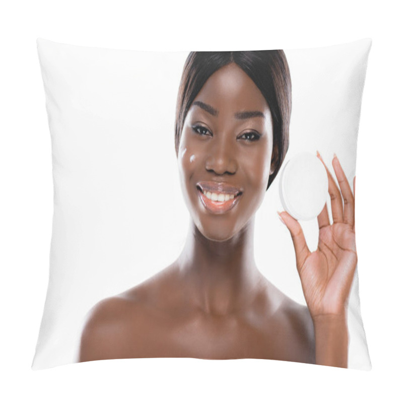 Personality  African American Naked Woman With Cosmetic Cream Isolated On White Pillow Covers