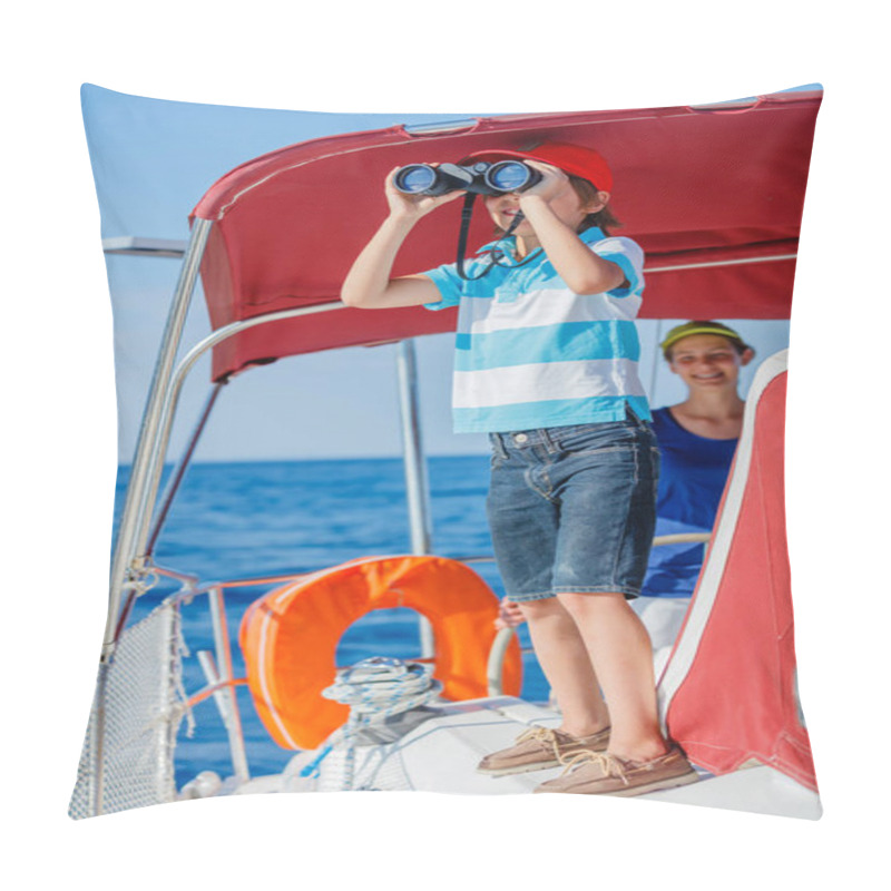 Personality  Boy Captain With His Sister On Board Of Sailing Yacht On Summer Cruise. Travel Adventure, Yachting With Child On Family Vacation. Pillow Covers