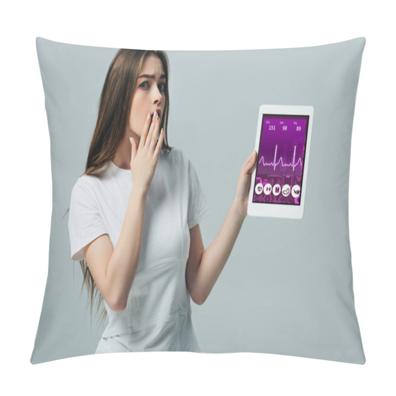 Personality  Shocked Beautiful Girl In White T-shirt Showing Digital Tablet With App Isolated On Grey Pillow Covers