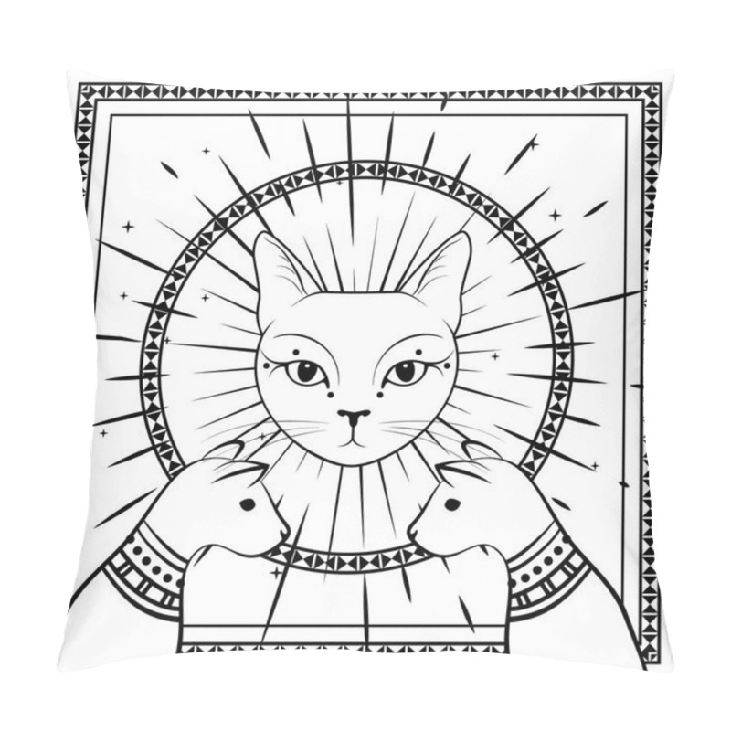 Personality  Black Cats, Cat Face With Moon On Night Sky With Ornamental Round Frame. Magic, Occult Design. Pillow Covers