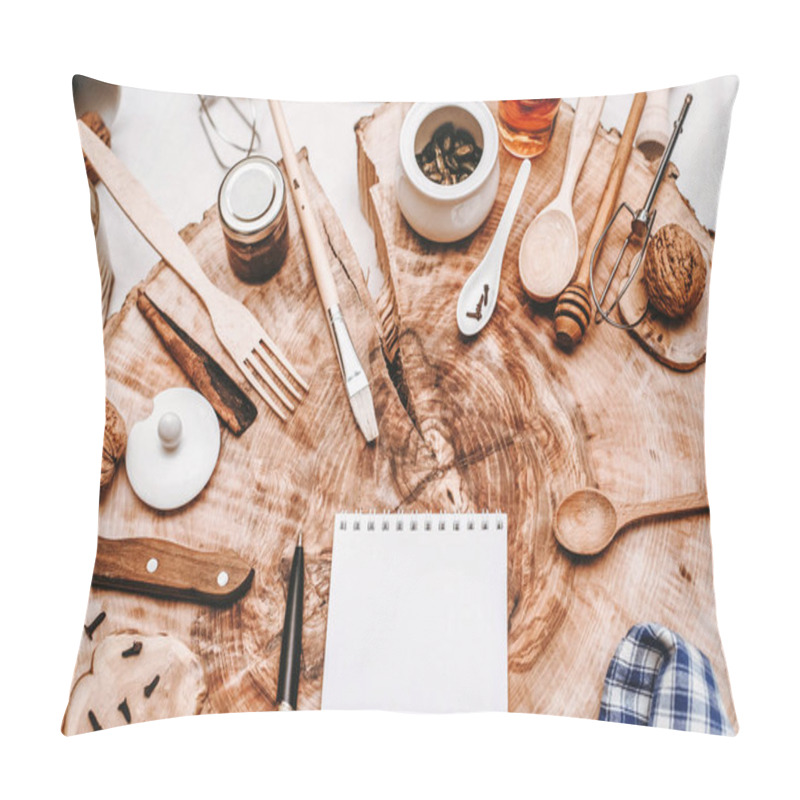 Personality  Top View Of Sawed Wood With Notebook, Pen And Different Kitchen Accessories On Background Pillow Covers