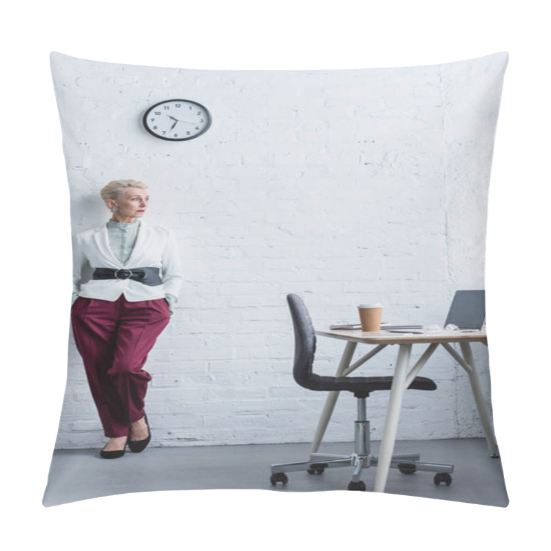 Personality  Elegant Senior Businesswoman Posing Near Workplace With Laptop And Coffee Pillow Covers