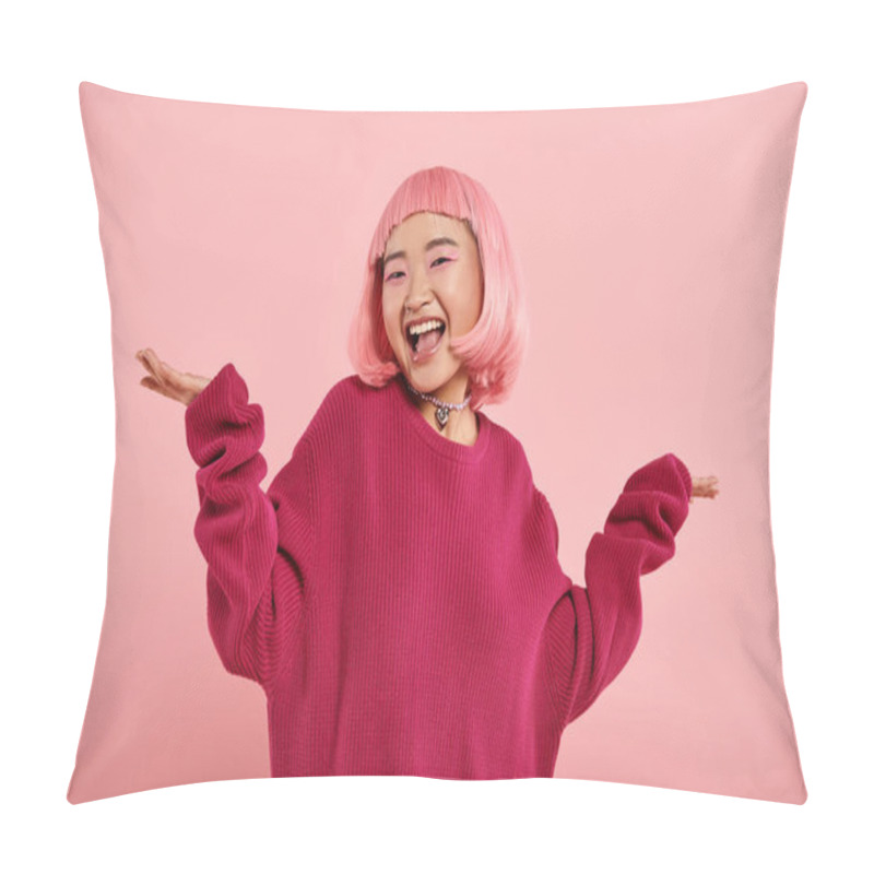 Personality  Cheerful Asian Young Woman In Big Sweater Shrugging Her Shoulders Happily On Pink Background Pillow Covers