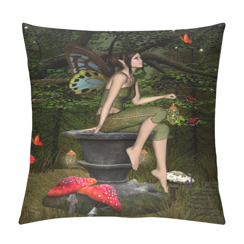 Personality  Beautiful Fairy Sits On A Pedestal Into The Forest Pillow Covers