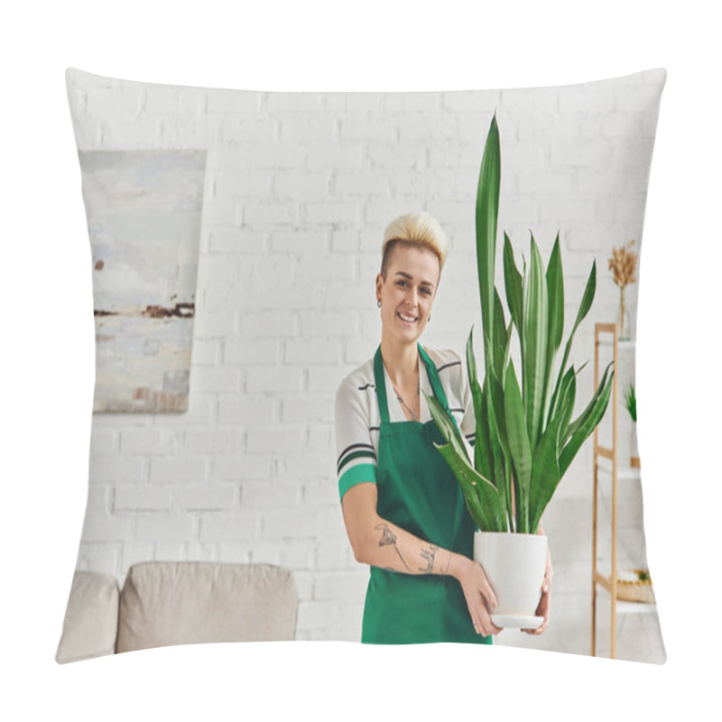 Personality  Carefree And Tattooed Woman In Green Apron Holding Flowerpot With Natural Exotic Plant And Looking At Camera In Modern Apartment, Eco-friendly, Sustainable Home Decor And Green Living Concept Pillow Covers