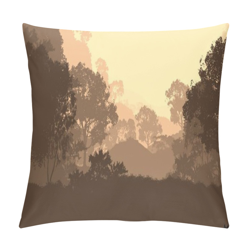 Personality  Abstract Backdrop With Misty Hills With Trees In Fog And Forest Haze. Pillow Covers