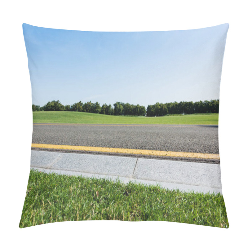 Personality  Selective Focus Of Border Near Yellow Line  And Road In Summertime  Pillow Covers