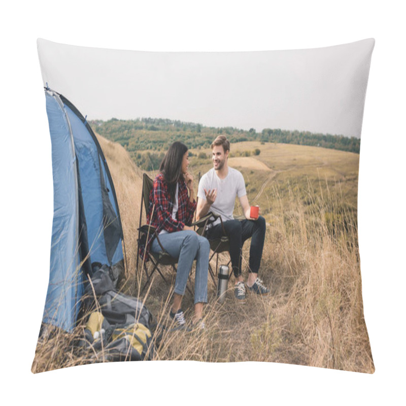 Personality  Smiling Man With Cup Talking To African American Girlfriend Near Backpacks And Tent On Meadow  Pillow Covers