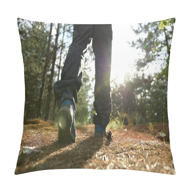 Personality  Closeup View On Male Hiker Legs Walking Along Forest Paths. Healthy Lifestyle In Nature Pillow Covers