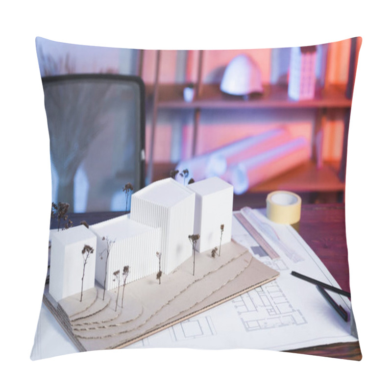 Personality  Constructions Models Near Blueprint On Desk In Architectural Bureau Pillow Covers