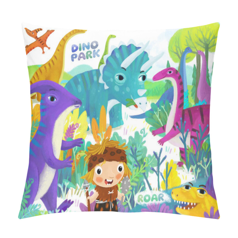 Personality  Cartoon Scene Witn Caveman Near The Dinosaur Dino In The Jungle Stone Age Happy Illustration For Kids Pillow Covers