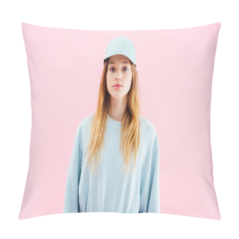 Personality  Sad Pretty Teenage Girl In Cap Looking At Camera Isolated On Pink Pillow Covers