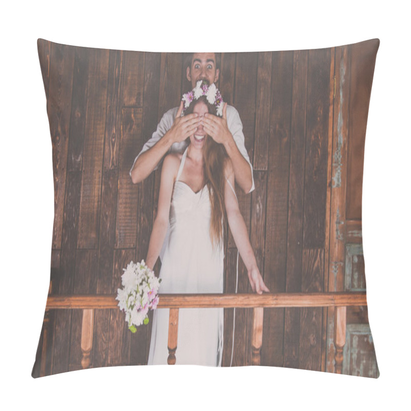 Personality  Young And Beautiful Bride And Groom Are Having A Good Fun Time And Happy Together While Shooting A Wedding Photosession In Studio With Rustic Decorations And Wooden Backgrounds Pillow Covers