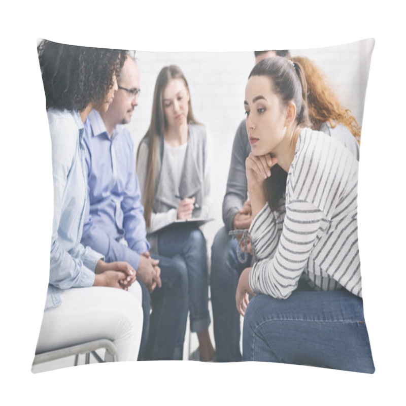 Personality  Stressed Thoughtful Woman During Group Rehab Therapy Pillow Covers