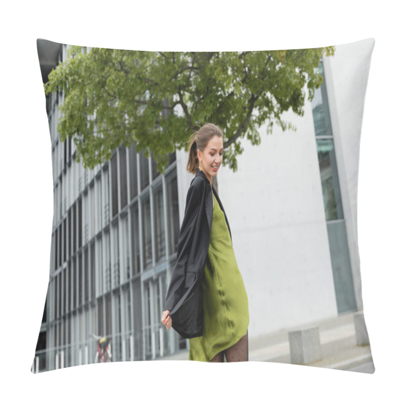 Personality  Smiling And Stylish Fair Haired Woman In Silk Dress And Black Jacket Standing In Berlin, Germany Pillow Covers