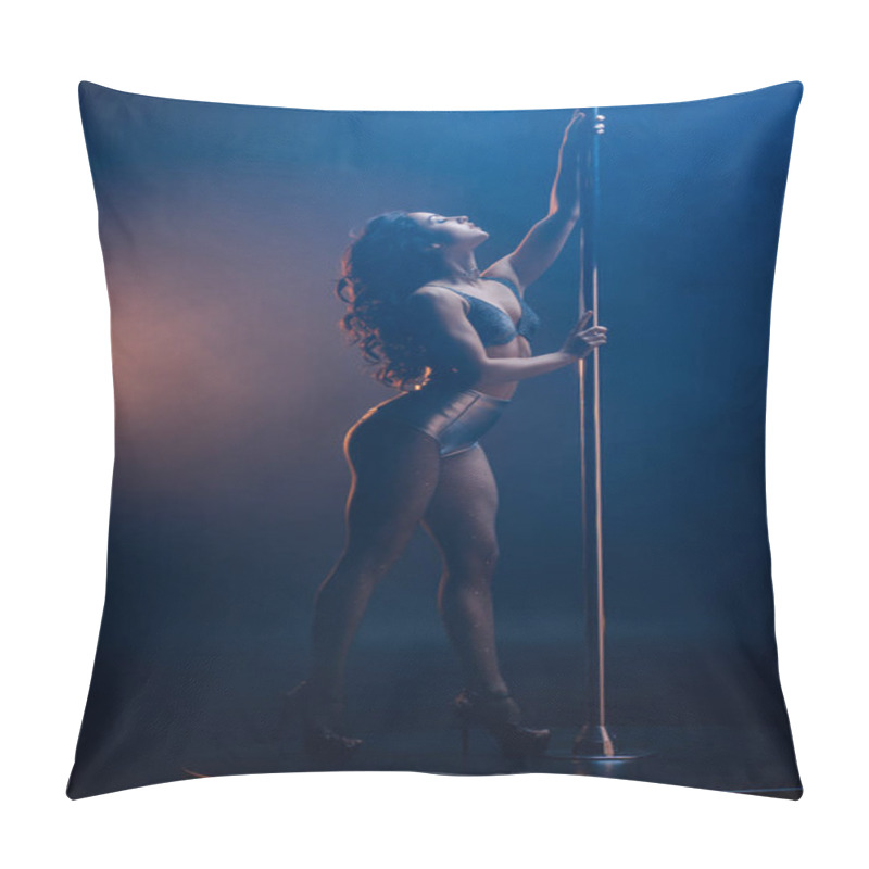 Personality  Side View Of Passionate Stripper Standing Near Pylon On Blue With Smoke  Pillow Covers