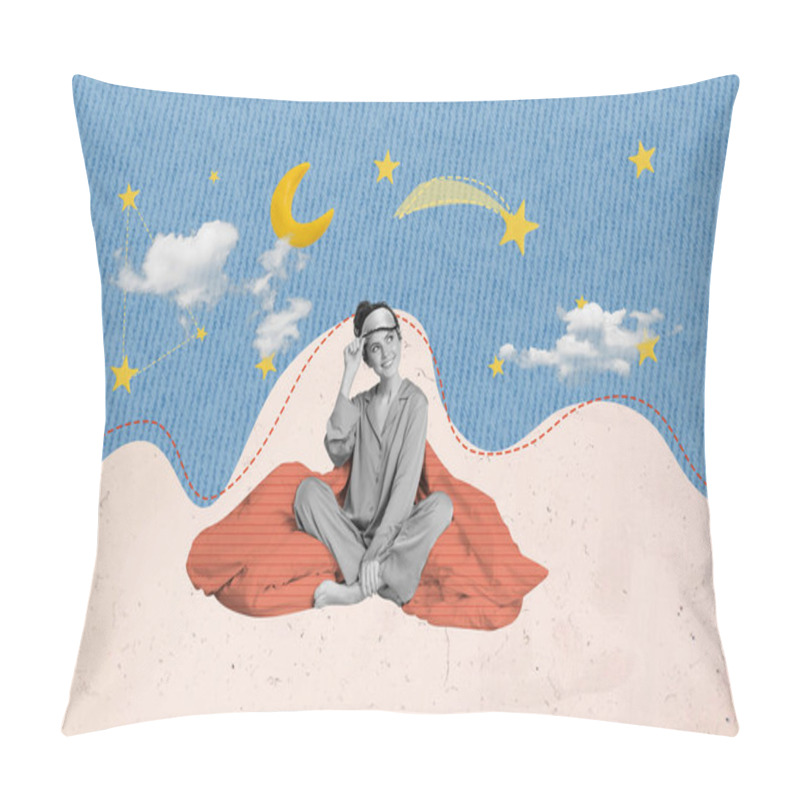 Personality  Photo Of Lady Collage Illustration Person Touching Blindfold Mask Waking Up Dreaming At Pajama Party At Night Isolated On Stars Background. Pillow Covers