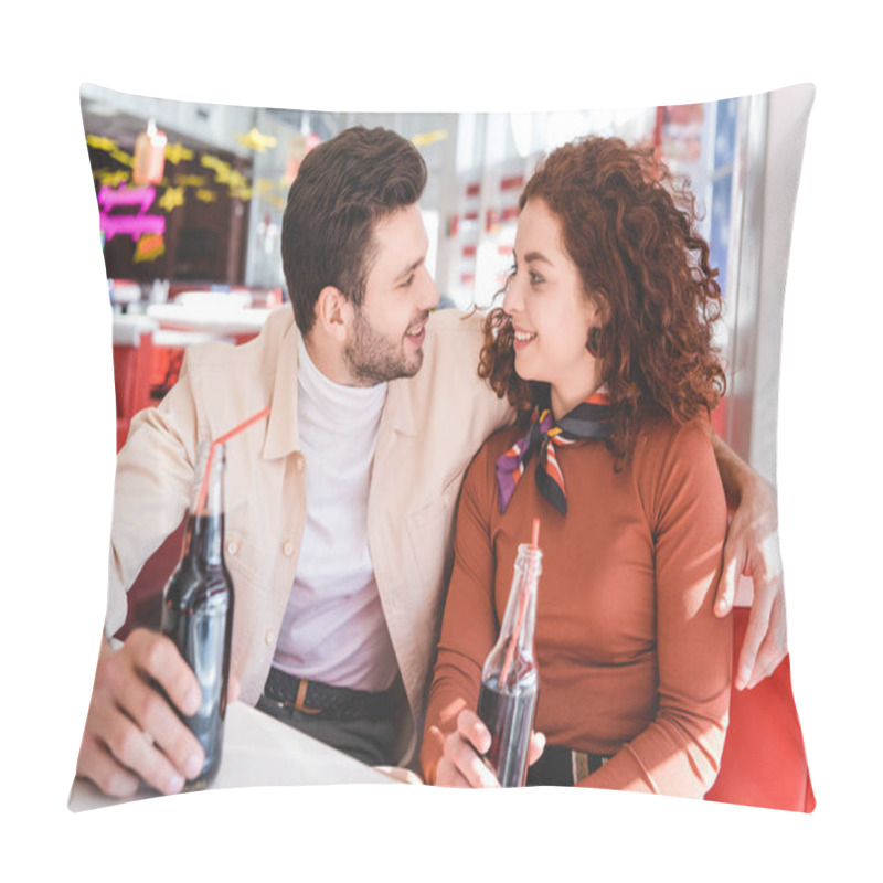 Personality  Couple Smiling, Holding Glass Bottles With Soda And Looking At Each Other  Pillow Covers