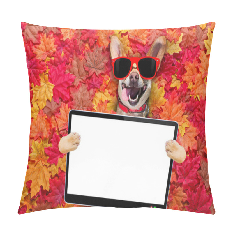 Personality  Chihuahua  Dog , Lying On The Ground Full Of Fall Autumn Leaves, Looking At You  With A Smile,   Lying On The Back Torso, Holding Ebook, Touch Pad Pc Computer Tablet Pillow Covers