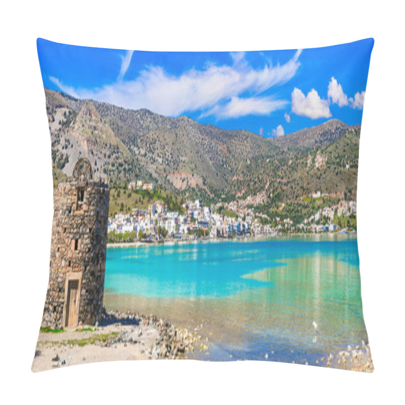 Personality  Picturesque Scenery With Old Windmill And Crystal Waters In Elounda. Crete Island , Greece Pillow Covers