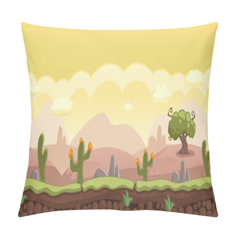 Personality  Horizontal Cartoon Background With Desert Landskape Stones, Rocks, Cacti. Vector Pillow Covers