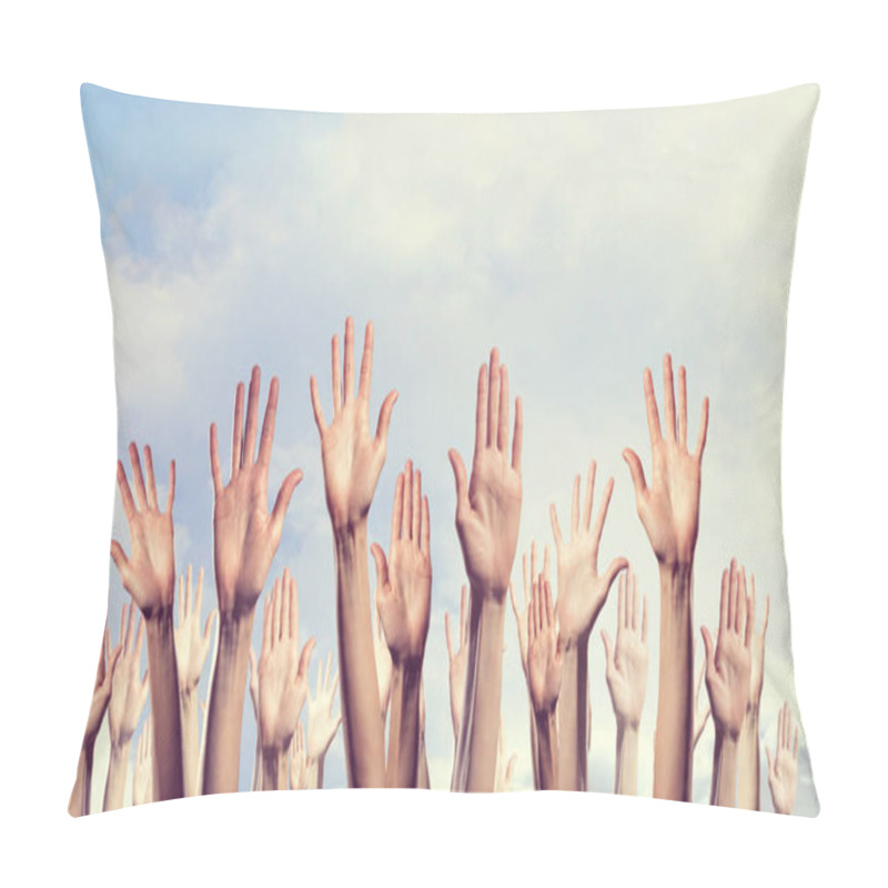 Personality  Group Of People Rise Hands . Mixed Media Pillow Covers