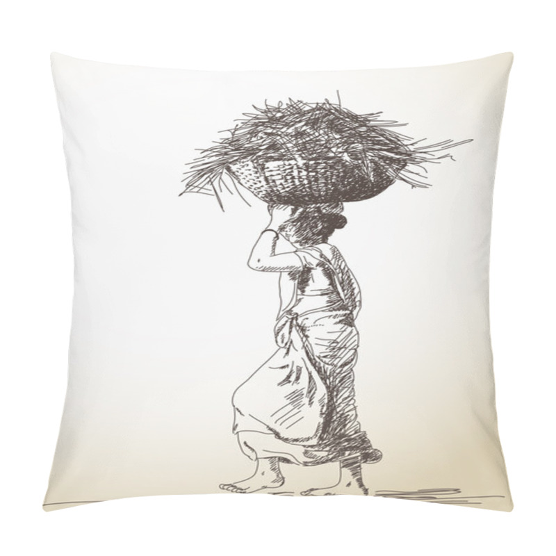 Personality  Indian Woman Carry Basket On Head Pillow Covers