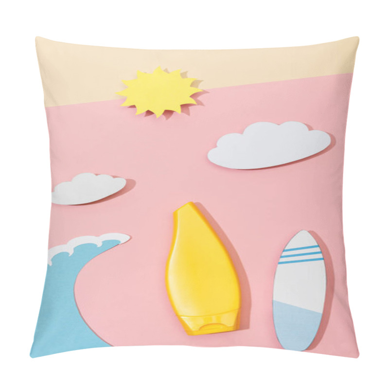 Personality  Top View Of Paper Cut Summer Beach With Tube Of Sunscreen On Pink And Beige  Pillow Covers